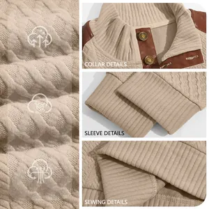Macro view showing textured jacquard fabric, stand collar, and ribbed cuffs of a men's sweater.