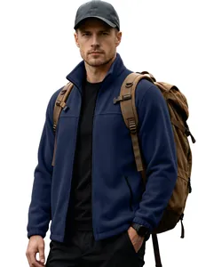 Detail view of men's navy blue polar fleece outdoor warm jacket with zipper pockets.