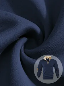 Close-up of navy blue knit fabric texture for men's half-zip retro sweatshirt detail.