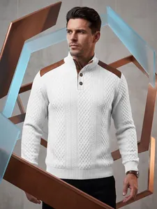 Detail of white jacquard knit sweater with stand collar and brown shoulder patches.