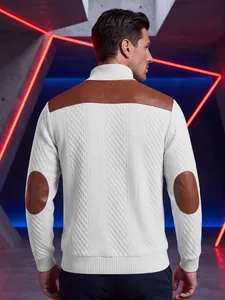 Back view of men's white textured knit sweater with brown faux leather patches.