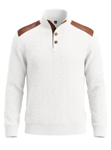 Close-up of white men's jacquard knit sweater with brown leather shoulder patches
