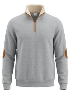 Detail view of grey half-zip men's sweatshirt with fleece collar and brown elbow patches
