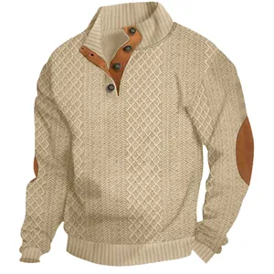 Men's casual textured jacquard knit sweater with button-up collar and elbow patches