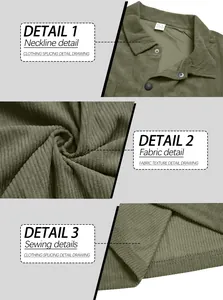 Close-up details of men's heavy corduroy shirt neckline, fabric texture, and stitching.