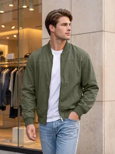 Men's olive green flight bomber jacket with zipper pockets and rib-knit cuffs
