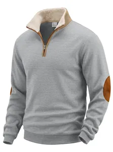 Detail view of men's quarter-zip sweatshirt with sherpa-lined collar and elbow patches
