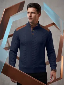 Men's navy textured knit sweater with stand collar and brown leather shoulder patches.