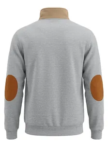 Back view of a grey men's retro sweatshirt with brown elbow patches and stand collar