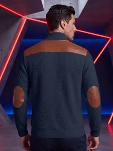 Macro back view of navy knit pullover with brown faux leather shoulder and elbow patches.