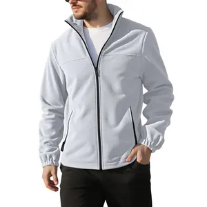Warm men's solid gray polar fleece jacket featuring stand-up collar and front zipper closure