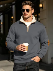 Men's retro grey half-zip sweatshirt with fleece collar and elbow patches for winter.