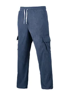 Stylish men's blue corduroy cargo pants featuring drawstring waist and straight leg