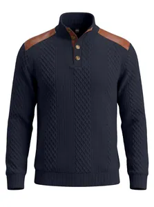 Detailed view of men's navy cable knit sweater featuring a stand collar and leather patches
