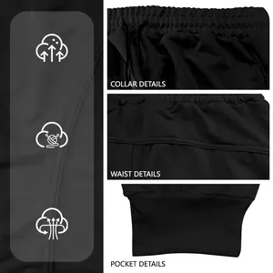 Detail view of men's black joggers showing waistband, elastic cuff and breathable fabric texture.