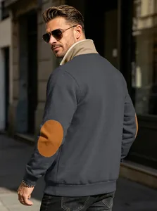 Back view of a grey men's sweatshirt featuring retro brown elbow patches