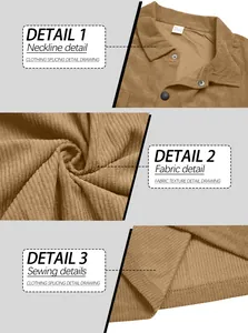 Detail views of men's heavy corduroy shirt showing neckline, fabric texture and sewing