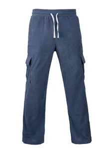 Close-up of blue men's corduroy cargo pants with white drawstring and side pockets.
