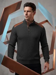 Stylish men's black jacquard knit sweater featuring premium brown shoulder patchwork