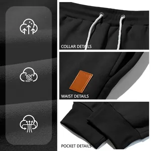 Close-up detail showing the waistband, leather patch, and ribbed cuffs of joggers.