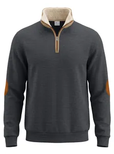 Detailed view of men's quarter-zip sweatshirt with fleece lining and brown elbow patches