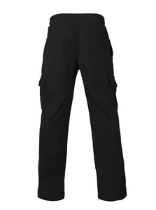 Back view of black corduroy cargo pants with straight leg and side pockets.