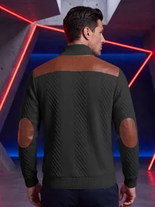 Back view of men's textured knit sweater featuring stylish brown leather elbow patches