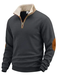 Detail view of men's vintage quarter-zip fleece-lined sweatshirt with elbow patches