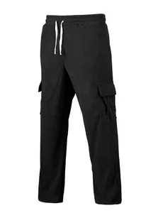 Detailed macro view of black corduroy fabric and drawstring on men's cargo trousers