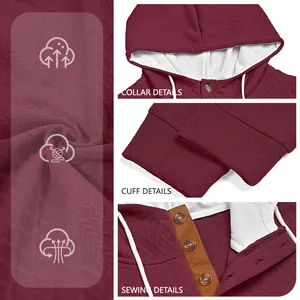 Detailansicht von Kragen, Ärmelbündchen und Nähten eines weinroten Herren-Hoodies