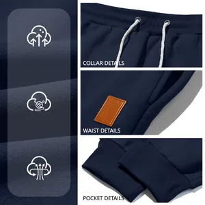 Detailed views of men's navy jogger pants showing drawstring, leather patch, and ribbed cuffs.