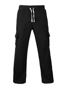 Close-up detail of black corduroy cargo pants featuring a drawstring waist and side pockets
