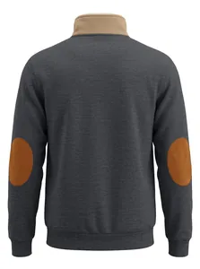 Back view of men's vintage quarter-zip sweatshirt with stand-up collar and elbow patches