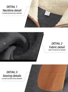 Detailed views of gray men's sweatshirt fabric texture, neckline and sewing quality