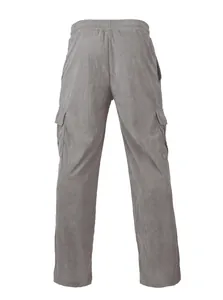 Back view of grey corduroy cargo pants for men featuring a loose straight leg fit