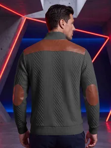 Detailed back view of men's charcoal jacquard knit sweater with brown leather patches