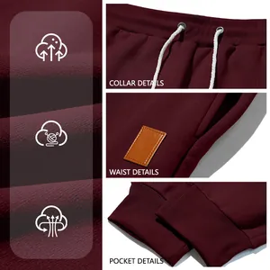 Detail views of waistband, leather patch, and ribbed cuffs of burgundy joggers for men.