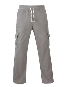 Detail view of men's grey corduroy cargo pants with drawstring and side pockets