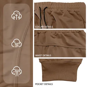 Detailed view of brown men's casual joggers showing fabric texture and elastic waistband.