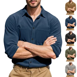 Men's heavy corduroy long-sleeve shirt in navy blue with multiple solid color options.