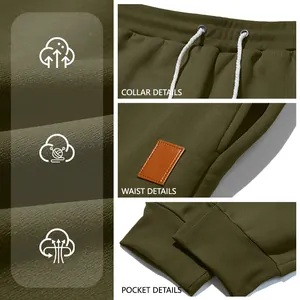 Close-up detail of olive green men's cargo drawstring pants with leather label and cuffs