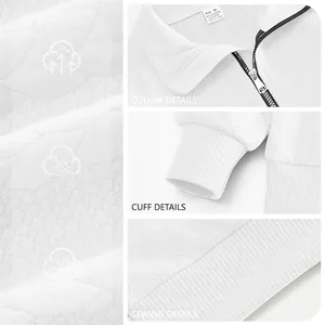 Dettagli del tessuto a maglia jacquard bianco con collo a zip, polsini e orlo a coste