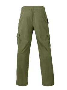 Back view of men's olive green corduroy cargo pants with pockets and ribbed texture