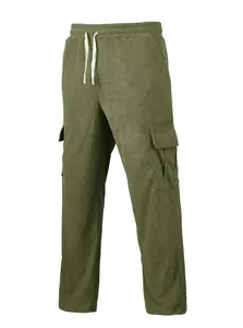 Front view of men's olive green corduroy cargo pants featuring drawstring and side pockets