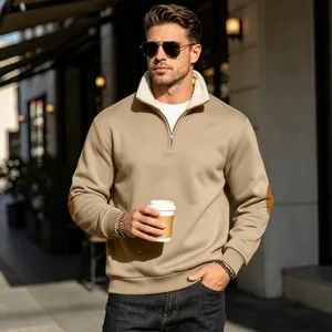 Men's vintage khaki half-zip sweatshirt with fleece-lined stand collar and elbow patches