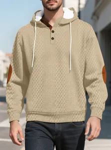 Herren Vintage Khaki Jacquard Kapuzenpullover mit braunen Ellenbogen-Patches