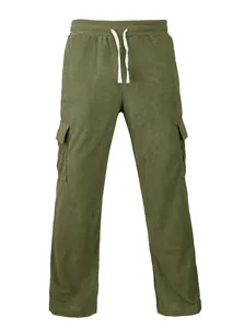 Close-up detail of men's olive green corduroy cargo pants featuring a drawstring waist.