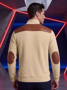 Back detail of men's knit sweater featuring textured jacquard and leather patches