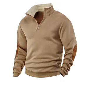 Men Retro Half Zip Pullover Hoodie Stand Collar Patchwork Long Sleeve Sweatshirt Sherpa Lined Collar Casual Fashion Top