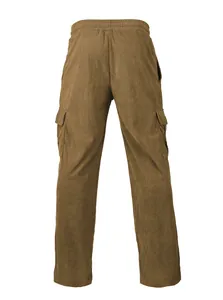 Back view of men's brown corduroy cargo pants with elastic waist and side pockets